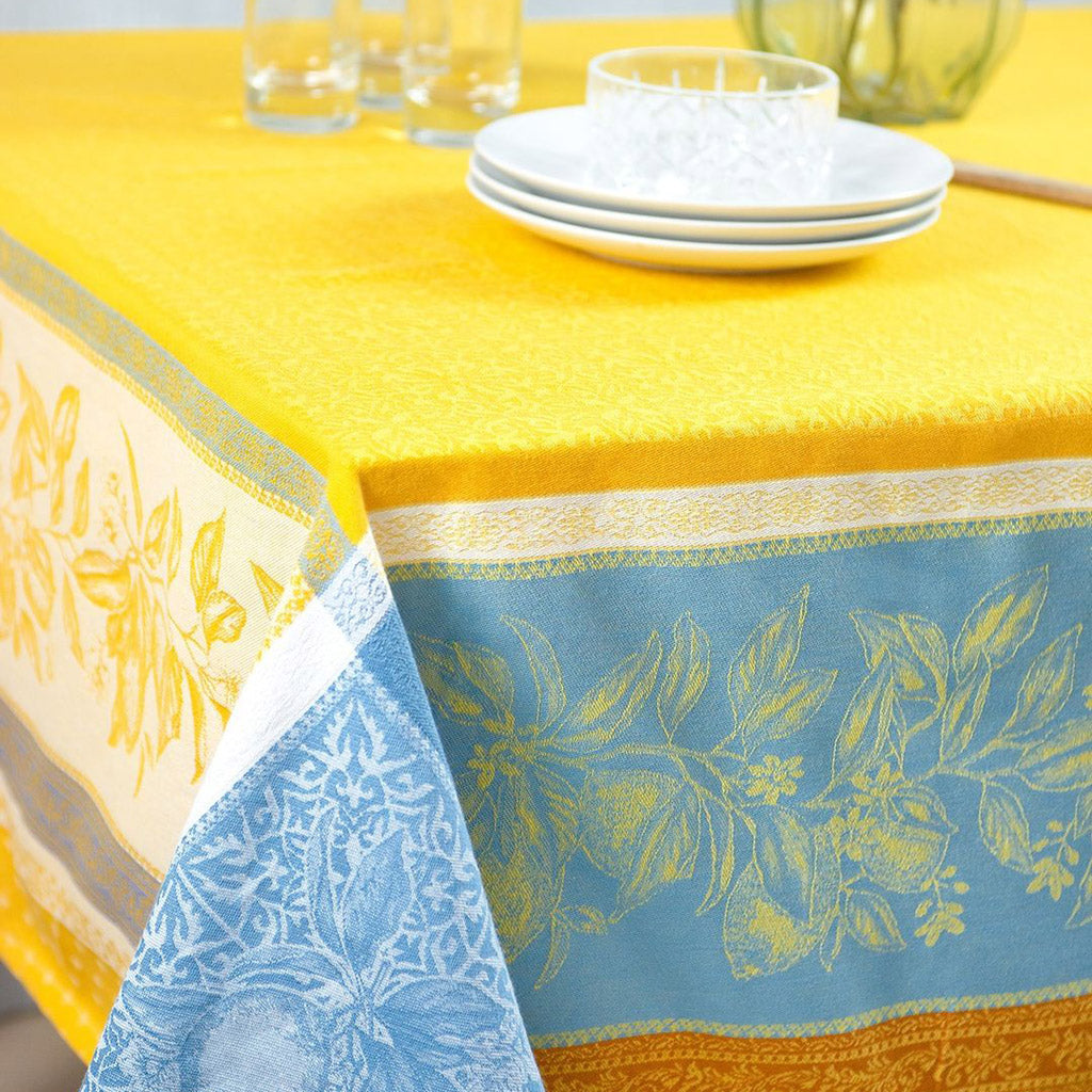 62x98" Rectangular Cedrat Yellow & Blue French Cotton Jacquard Tablecloth by Tissus Toselli