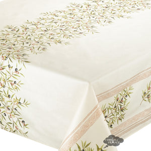 60x138" Rect Clos des Oliviers Cream Double Border Acrylic-Coated Cotton Tablecloth by l'Ensoleillade