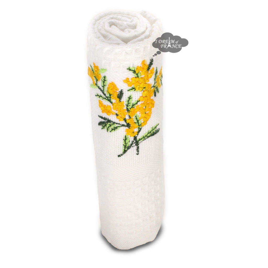 Provence Mimosa White Waffle-Weave Kitchen Towel by Coton Blanc
