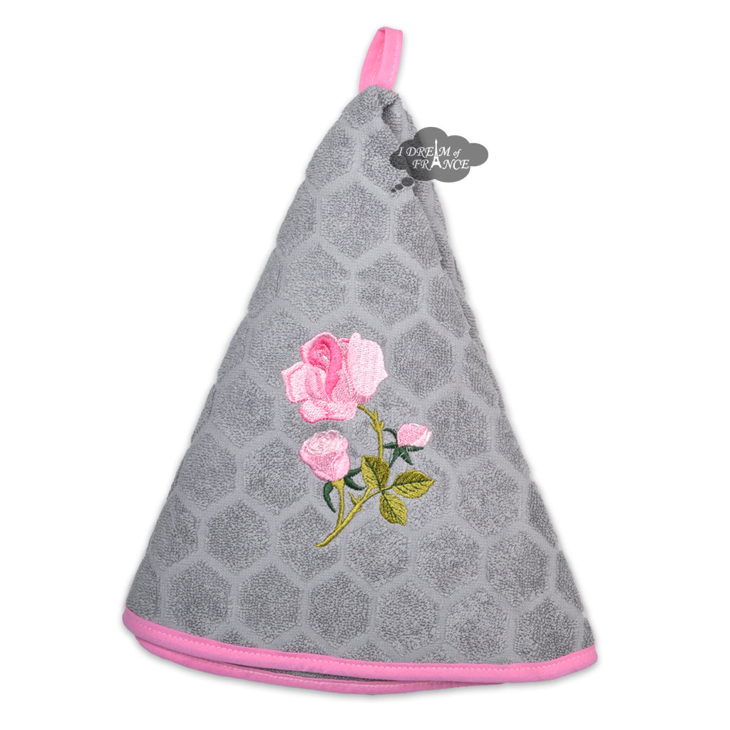 Round Terry Cotton Hand Towel Pink Roses Gray by Coton Blanc