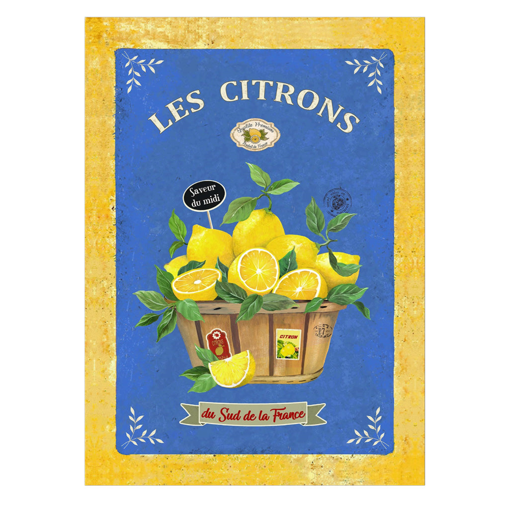 The Lemons (Les Citrons) Blue French Cotton Kitchen Towel by L'Ensoleillade