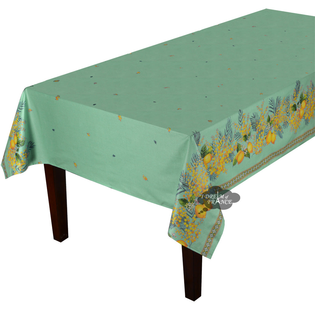 60x78" Rectangular Lemon & Mimosa Green Double Border Acrylic-Coated Cotton Tablecloth by Label France