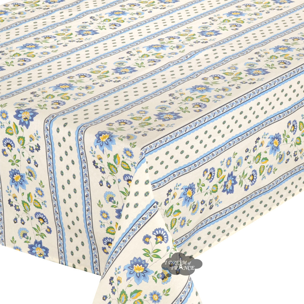 60x84" Rectangular Fayence Blue & Cream Acrylic-Coated Cotton French Tablecloth by Le Cluny
