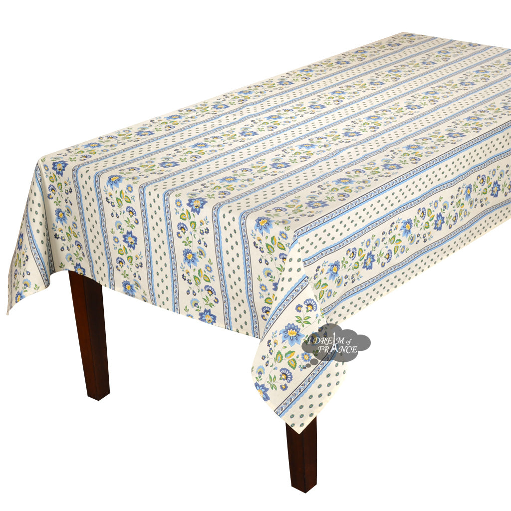 60x96" Rectangular Fayence Blue & Cream Acrylic-Coated Cotton French Tablecloth by Le Cluny