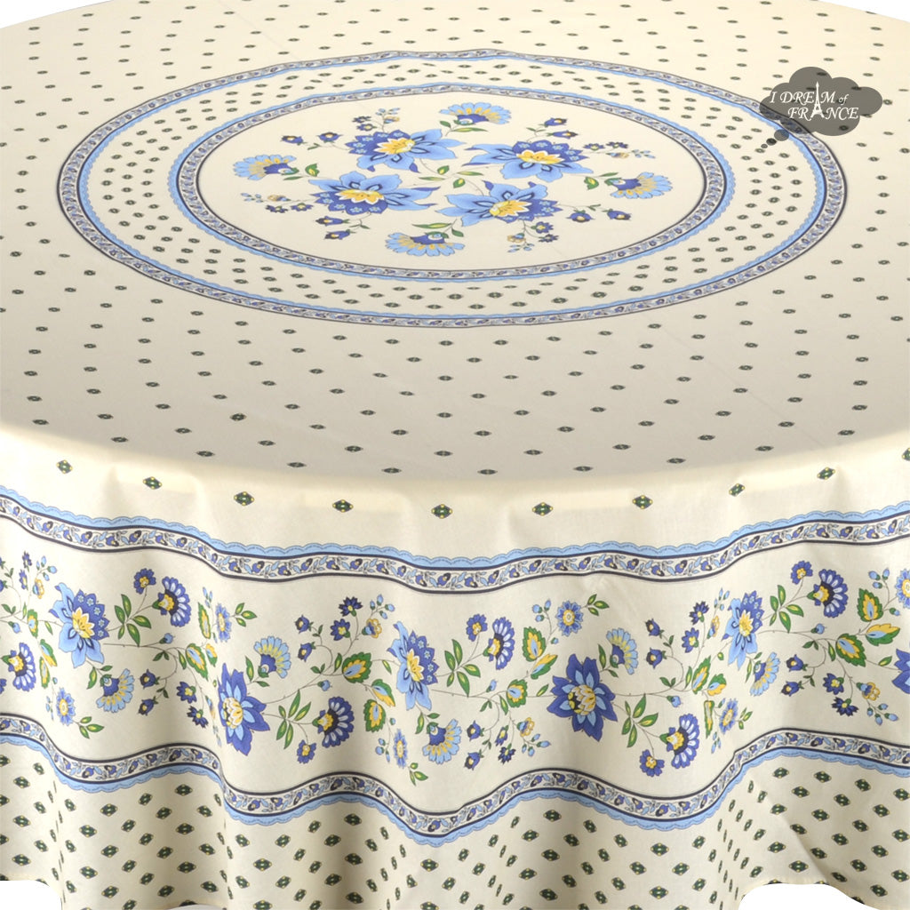 70" Round Fayence Blue & Cream Cotton Acrylic Coated French Tablecloth by Le Cluny