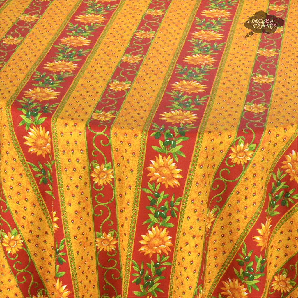 90" Round Sunflower Red Acrylic-Coated Cotton Provence Tablecloth by Le Cluny