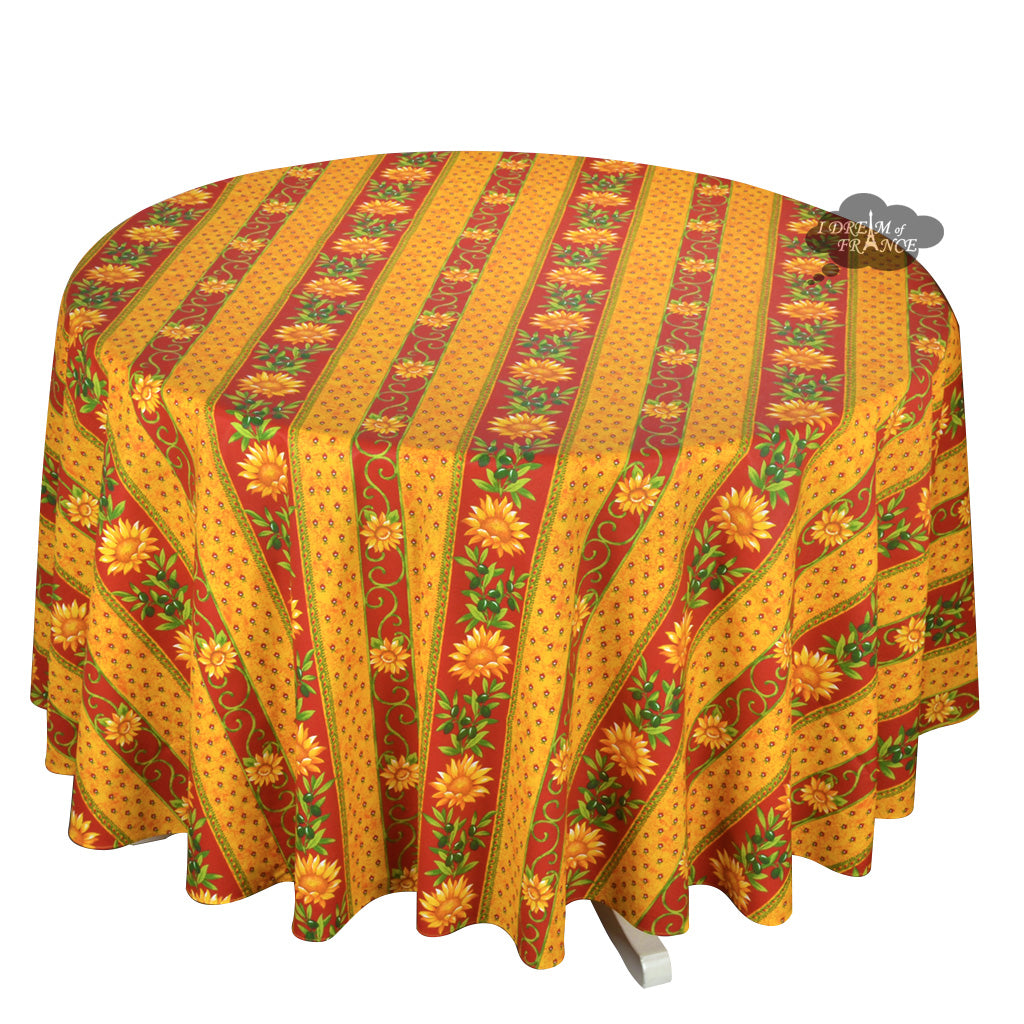 90" Round Sunflower Red Acrylic-Coated Cotton Provence Tablecloth by Le Cluny