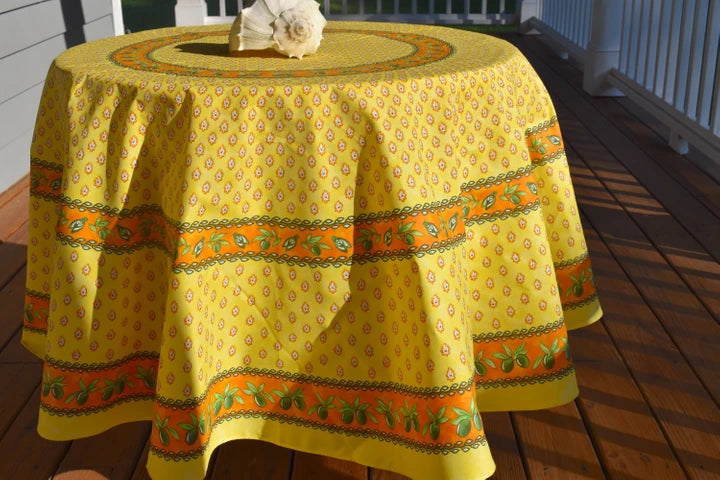70" Round Monaco Yellow & Orange Acrylic-Coated Cotton Provence Tablecloth by Le Cluny