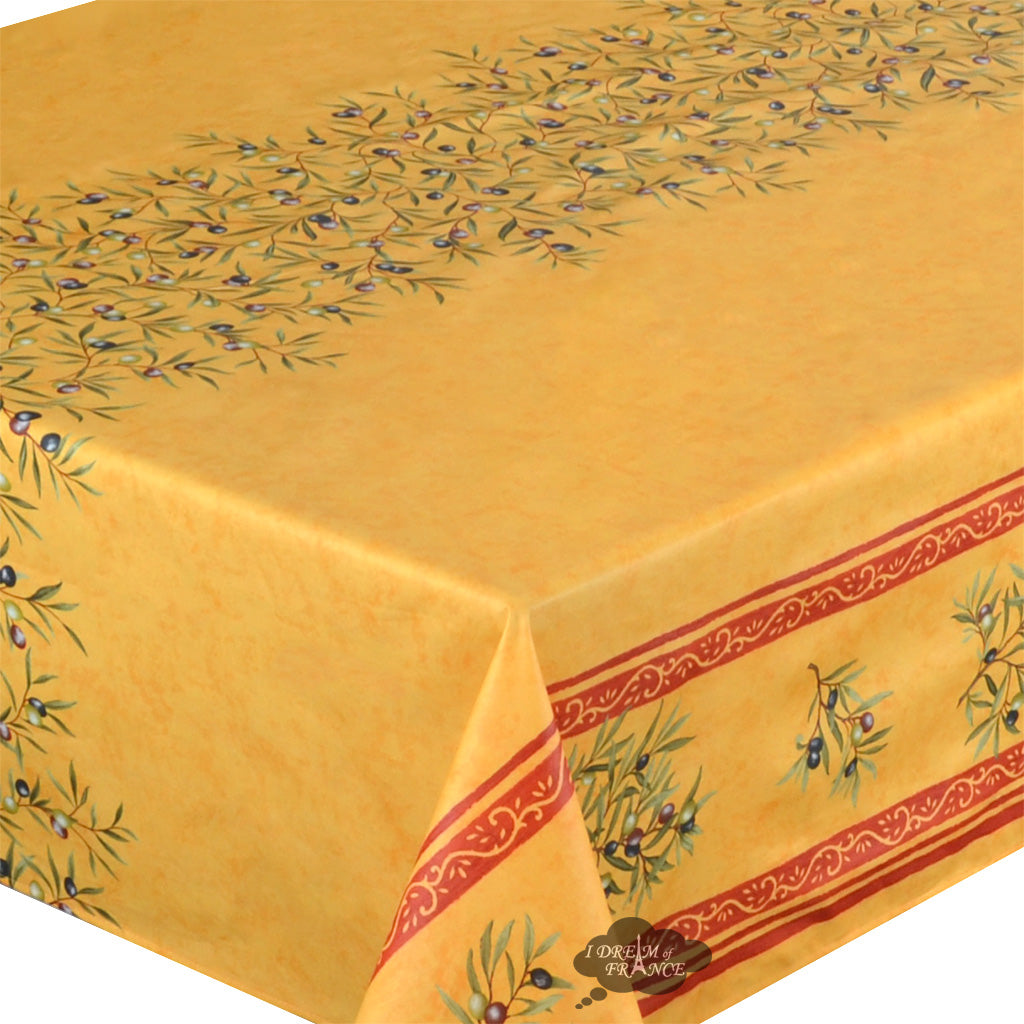 60x158" Rect Clos des Oliviers Yellow Double Border Acrylic-Coated Cotton Tablecloth by l'Ensoleillade