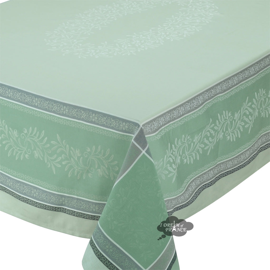62" Square Olivia Green French Jacquard Tablecloth with Teflon