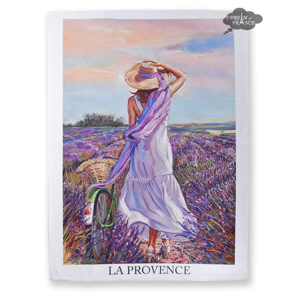 Woman in a Provence Lavender Field French Cotton Kitchen Towel by L.R. Creations