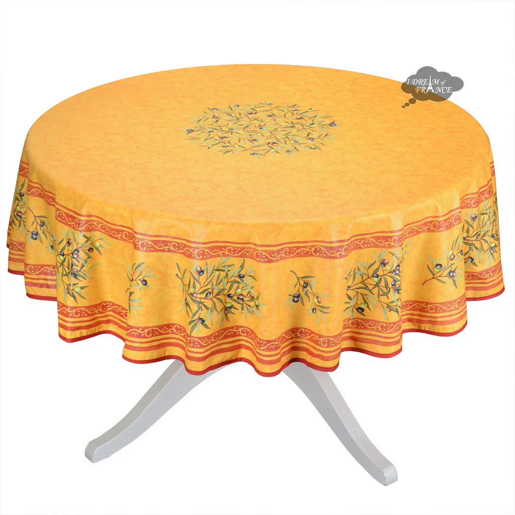 70" Round Clos des Oliviers Yellow Coated Cotton Tablecloth by Tissus Toselli