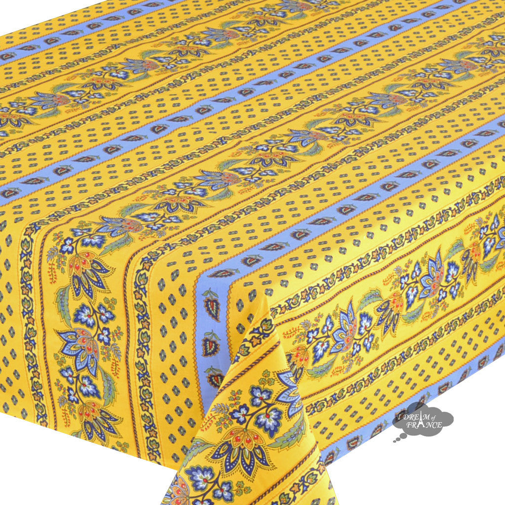 60x108" Rectangular Lisa Yellow Cotton Coated French Country Tablecloth - Close Up