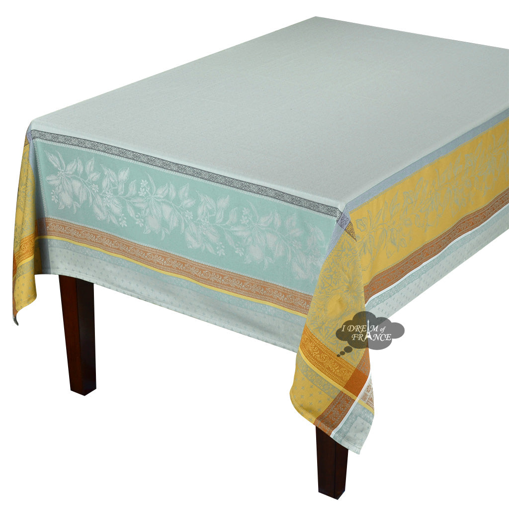 62x78" Rectangular Cedrat Green & Yellow French Jacquard Cotton Tablecloth by Tissus Toselli