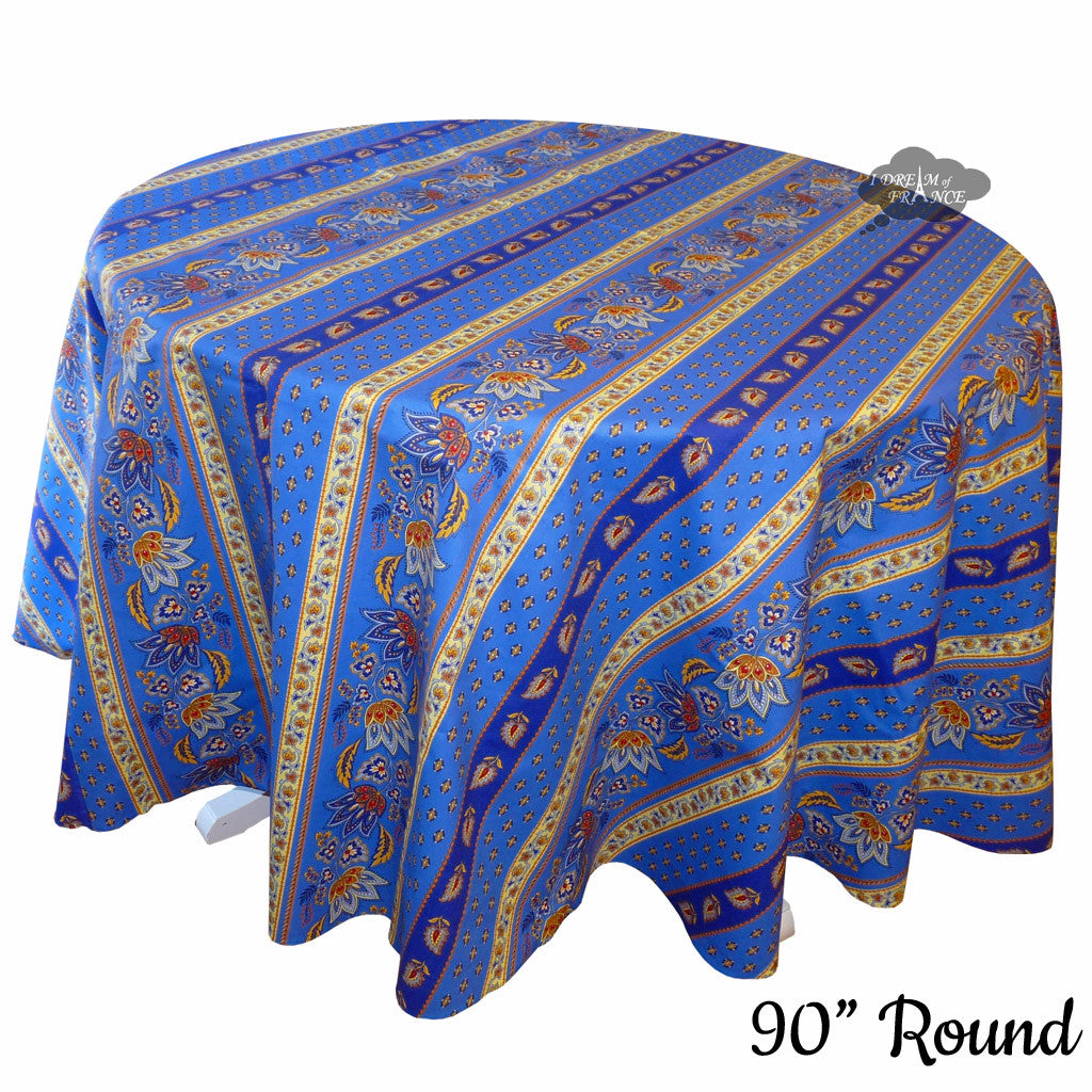 90" Round Lisa Blue Acrylic-Coated Cotton Provence Tablecloth by Le Cluny