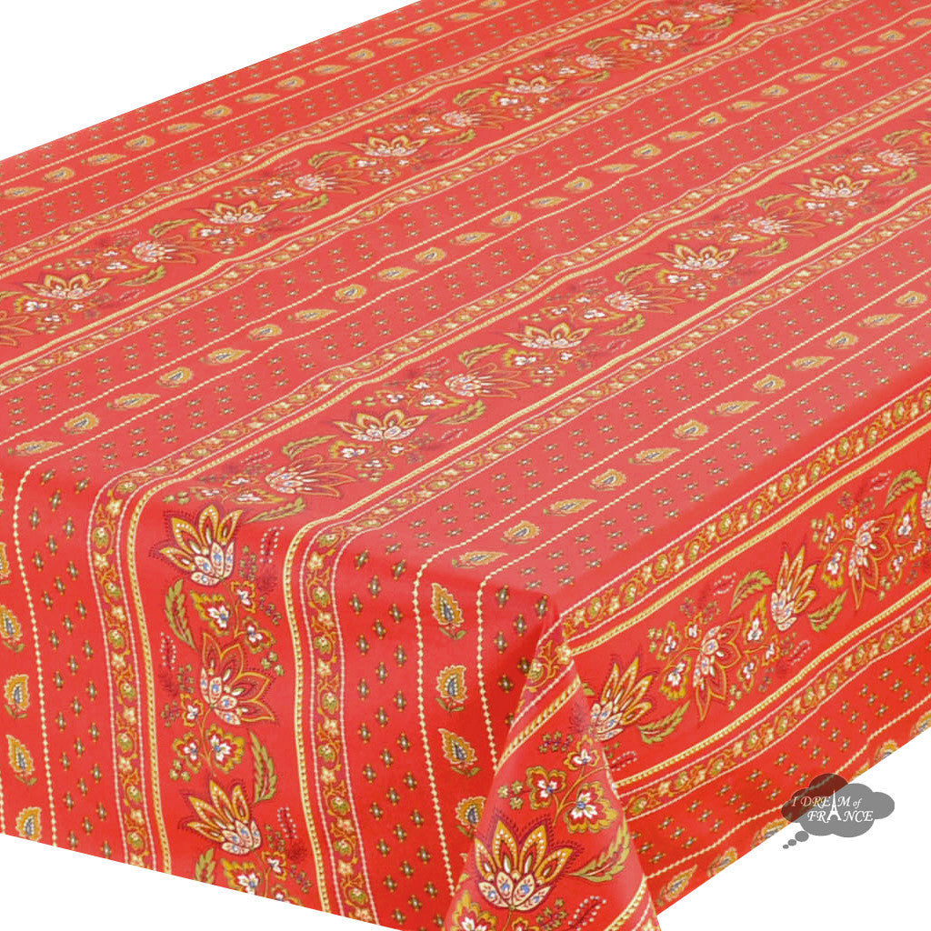 60x108" Rectangular Lisa Red Cotton Coated Provence Tablecloth - Close Up