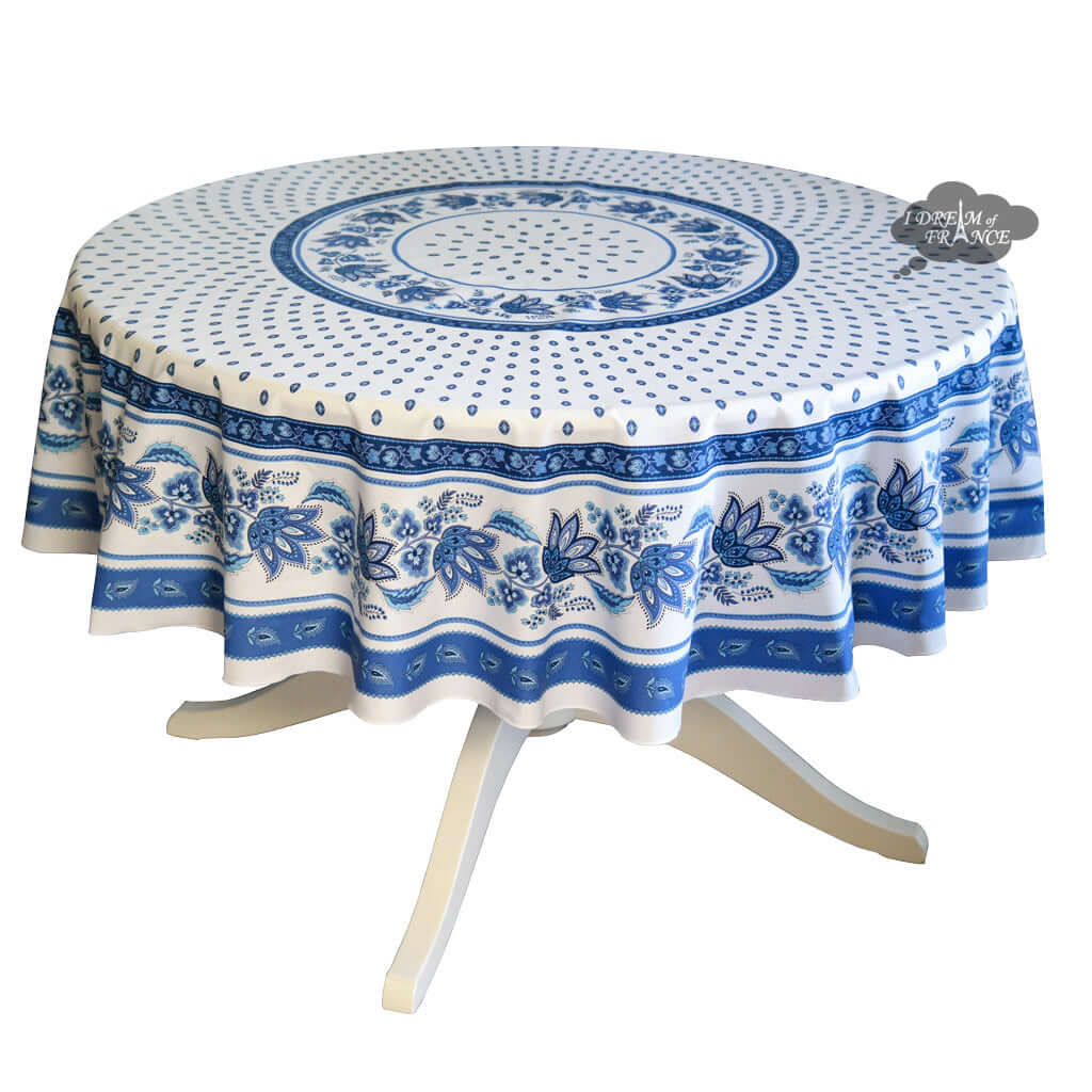 70" Round Lisa White Cotton French Country Tablecloth by Le Cluny