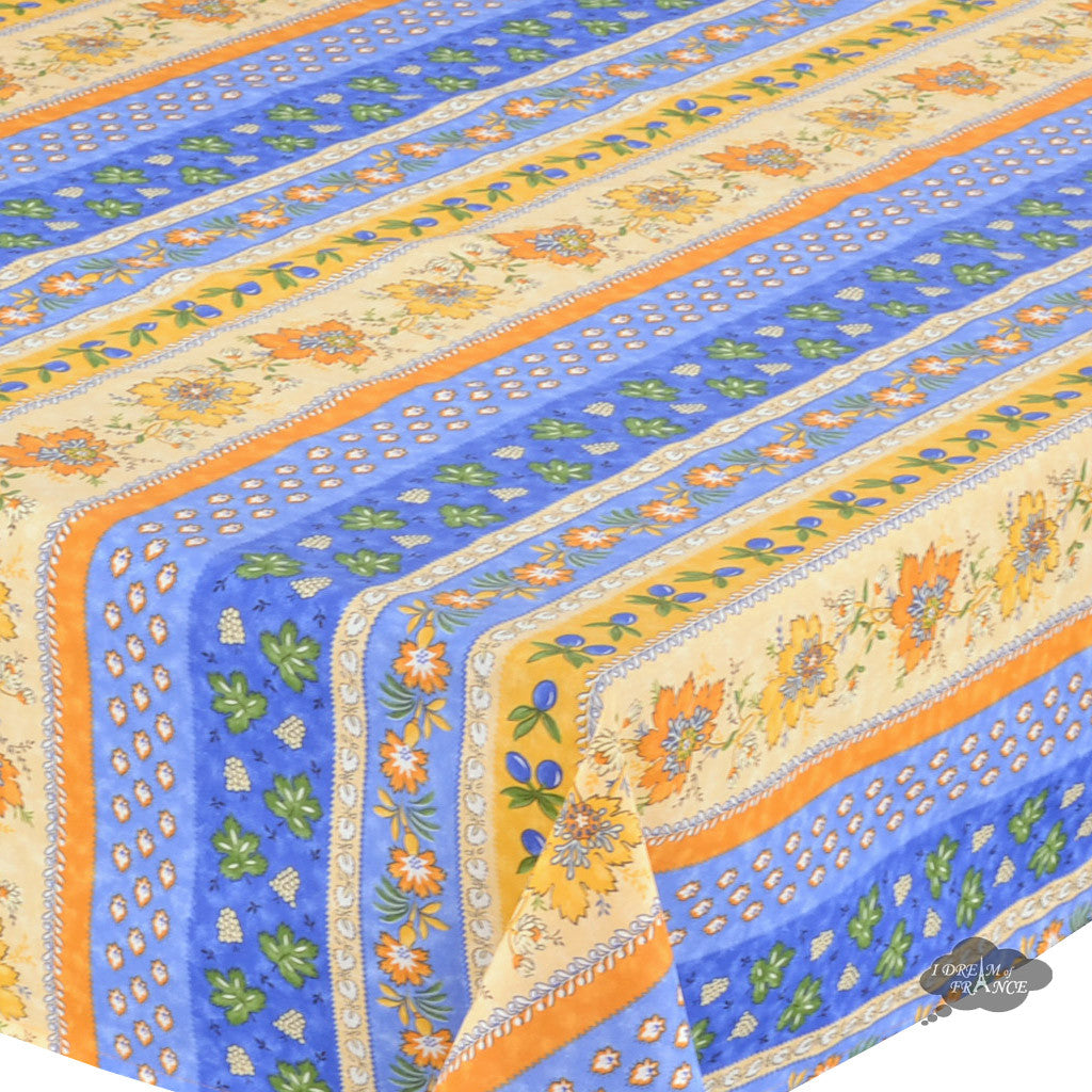 58x84" Rectangular Monaco Blue Cotton Coated Provence Tablecloth - Close Up