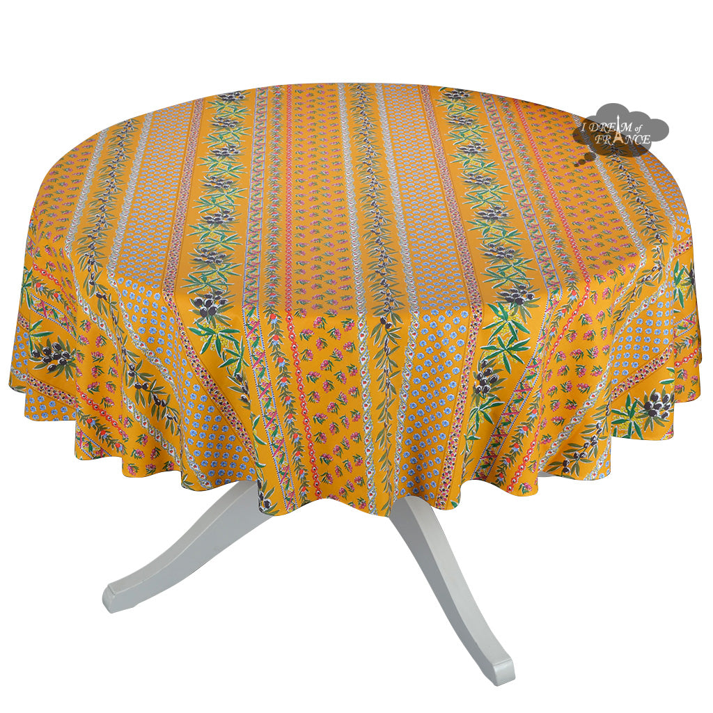 70" Round Olives Yellow Striped Coated Cotton Provence Tablecloth by Le Cluny