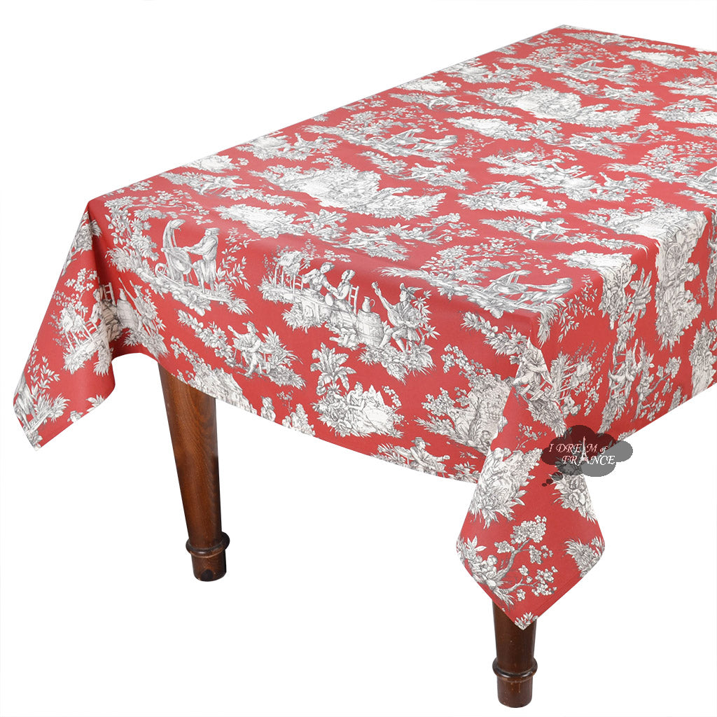 60x132" Rectangular Villandry Red Toile Cotton Coated Provence Tablecloth by Le Cluny