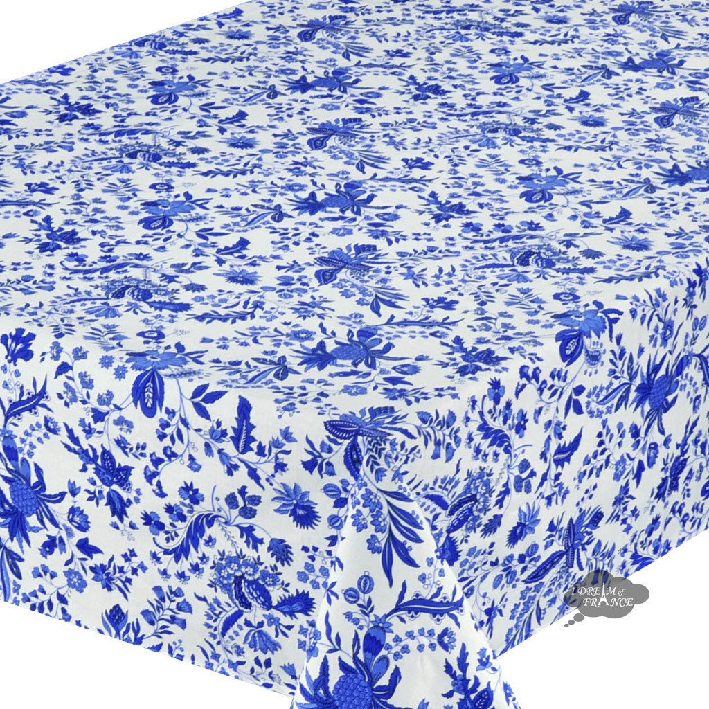 60x108" Rectangular Versailles Blue Cotton Coated Provence Tablecloth - Close Up