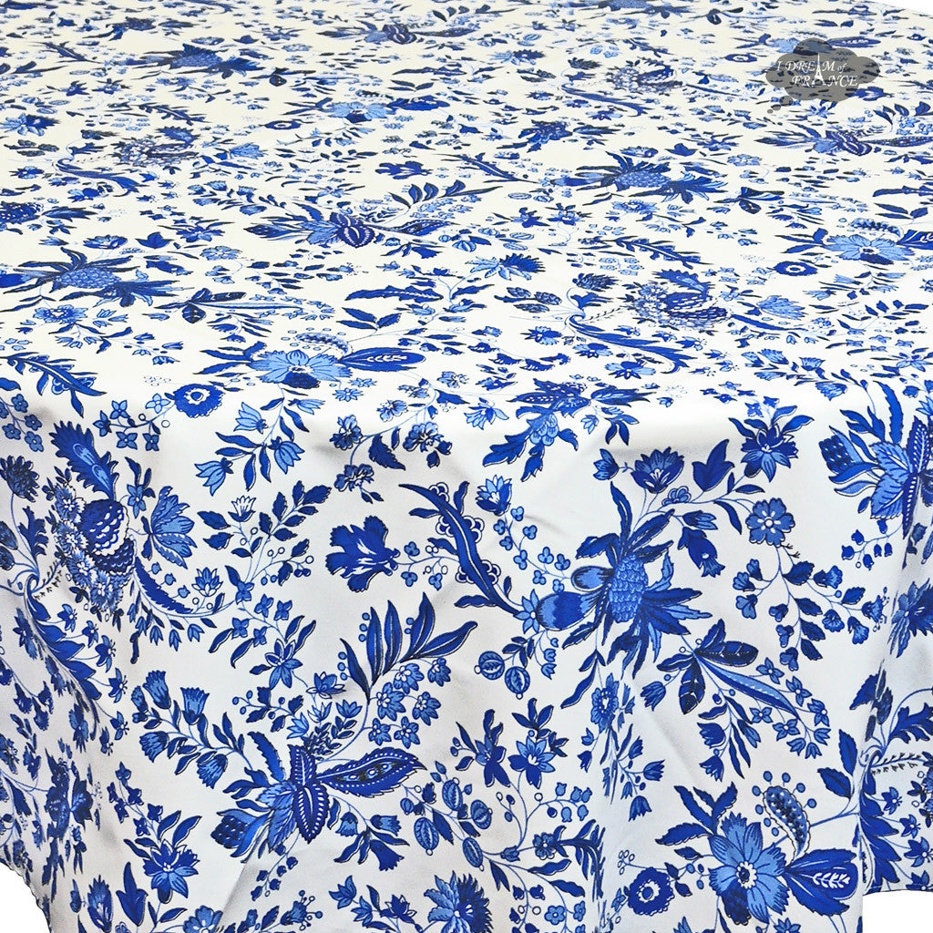 70" Round Versailles Blue Cotton Coated French Tablecloth by Le Cluny