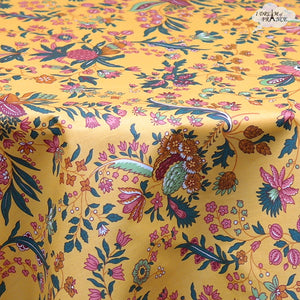 70" Round Versailles Yellow Cotton Coated French Jacobean Tablecloth by Le Cluny