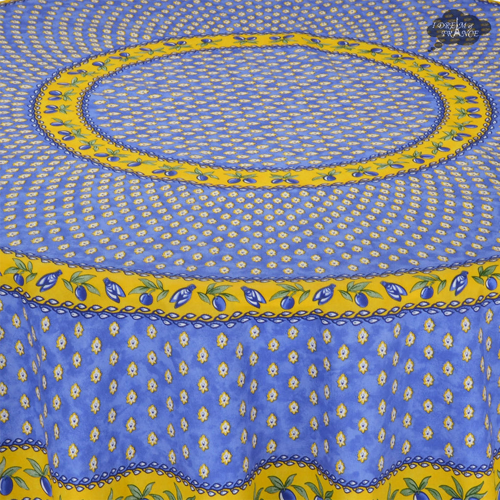 70" Round Monaco Blue Cotton Coated Provence Tablecloth by Le Cluny