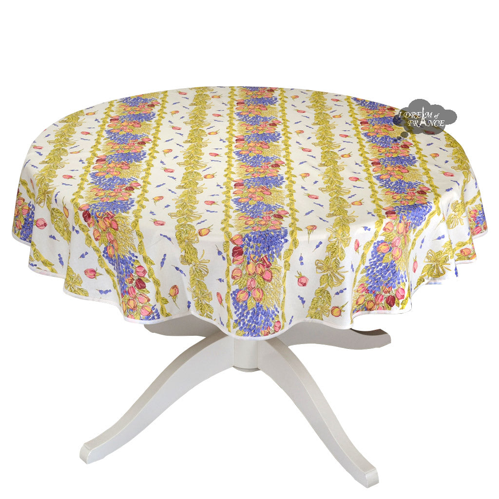 58" Round Roses & Lavender Coated Cotton Tablecloth by Tissus Toselli