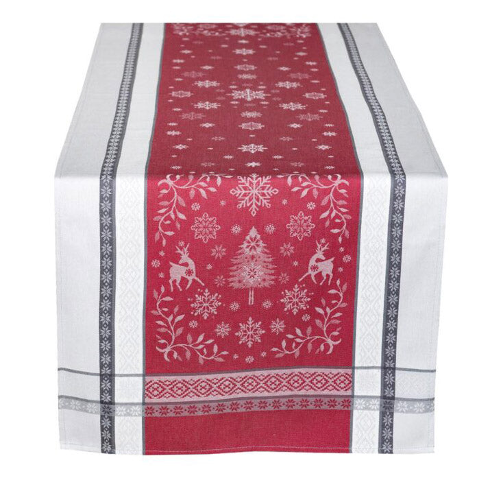 20x64" Christmas Spirit Gray & Red Jacquard Cotton Table Runner by Tissus Toselli