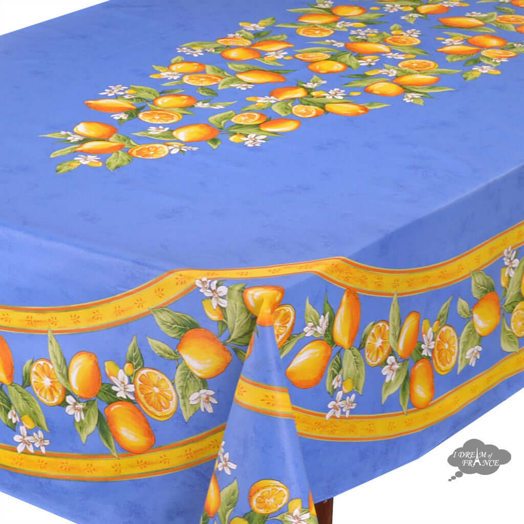 60x 96" Rectangular Lemons Blue Coated Cotton Tablecloth by Tissus Toselli