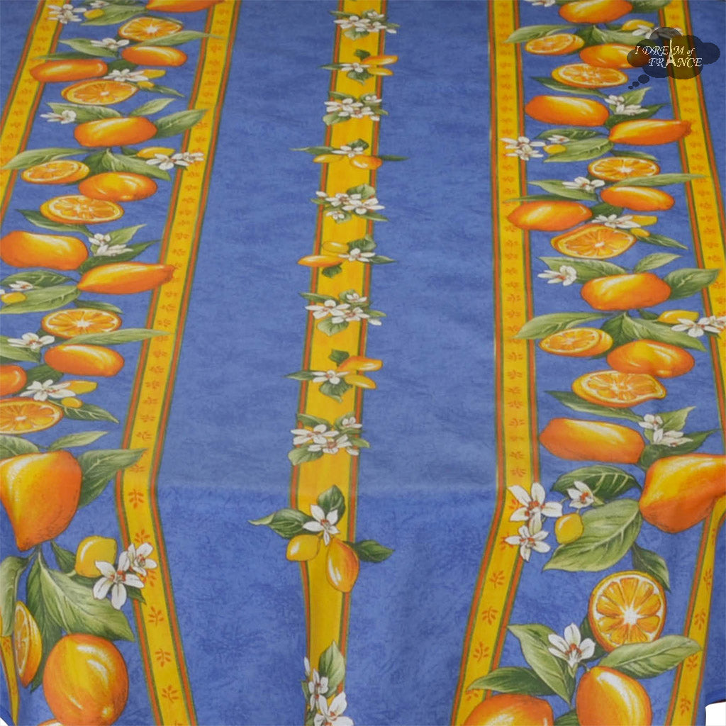 58" Round Lemons Blue Acrylic Coated Cotton Tablecloth by Tissus Toselli