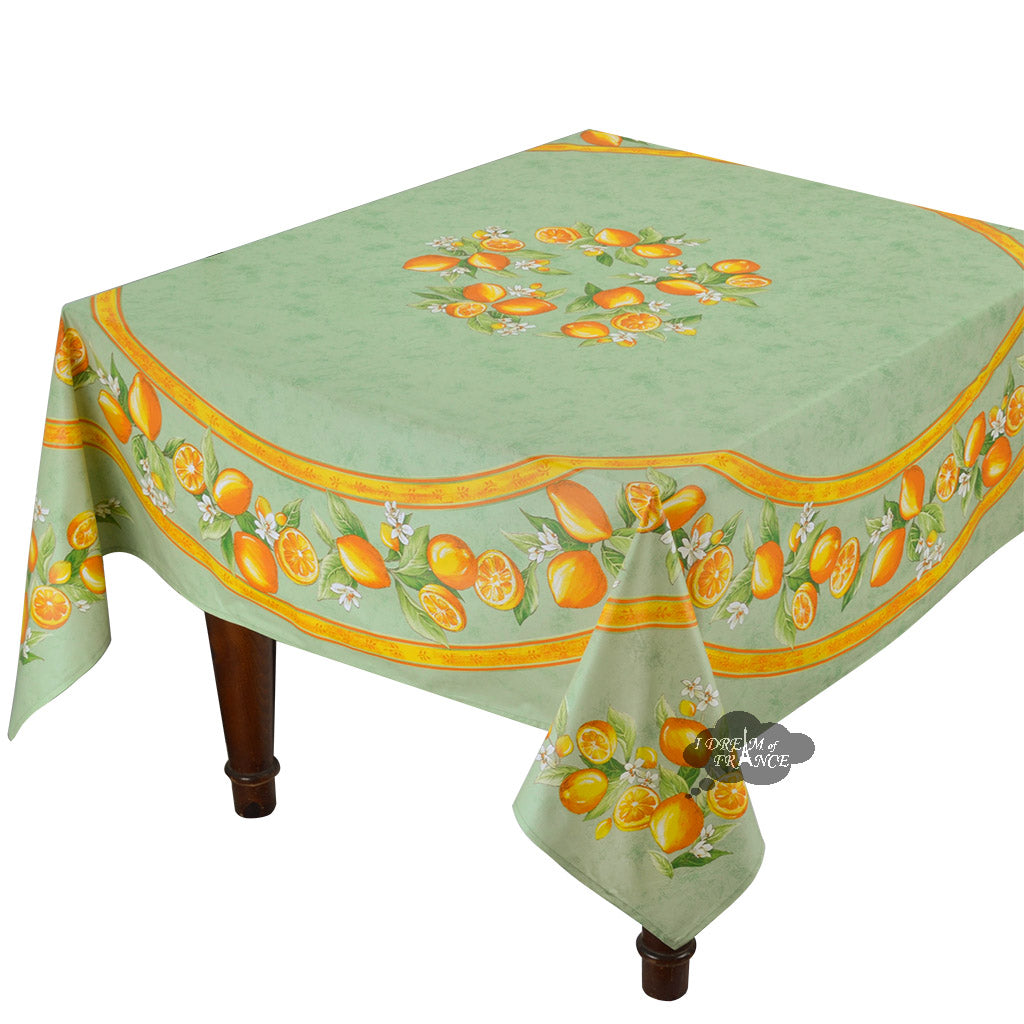 70" Square Lemons green Coated Cotton Tablecloth by Tissus Toselli