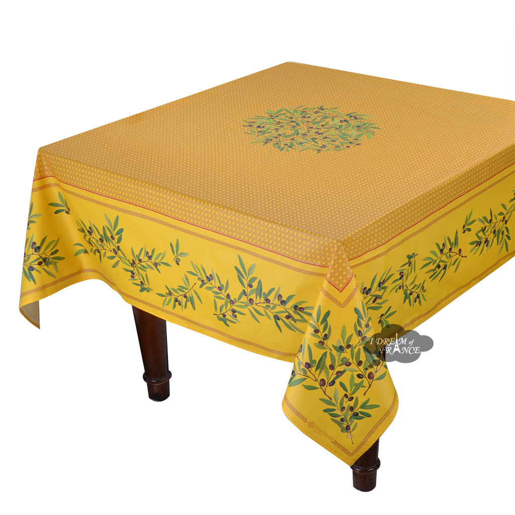 60" Square Nyons Yellow Acrylic Coated Cotton Tablecloth by Tissus Toselli