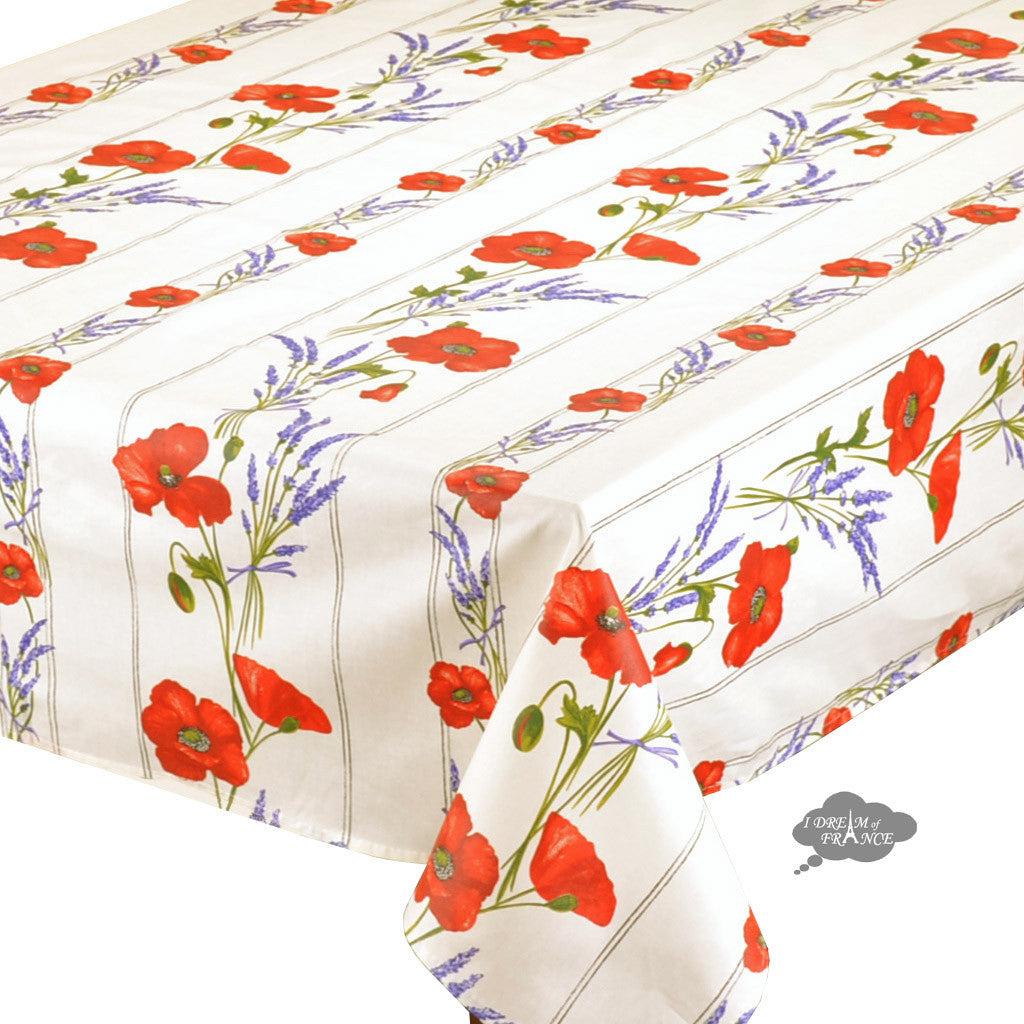 60x78" Rectangular Poppies Cream Acrylic Coated Cotton Tablecloth Close Up