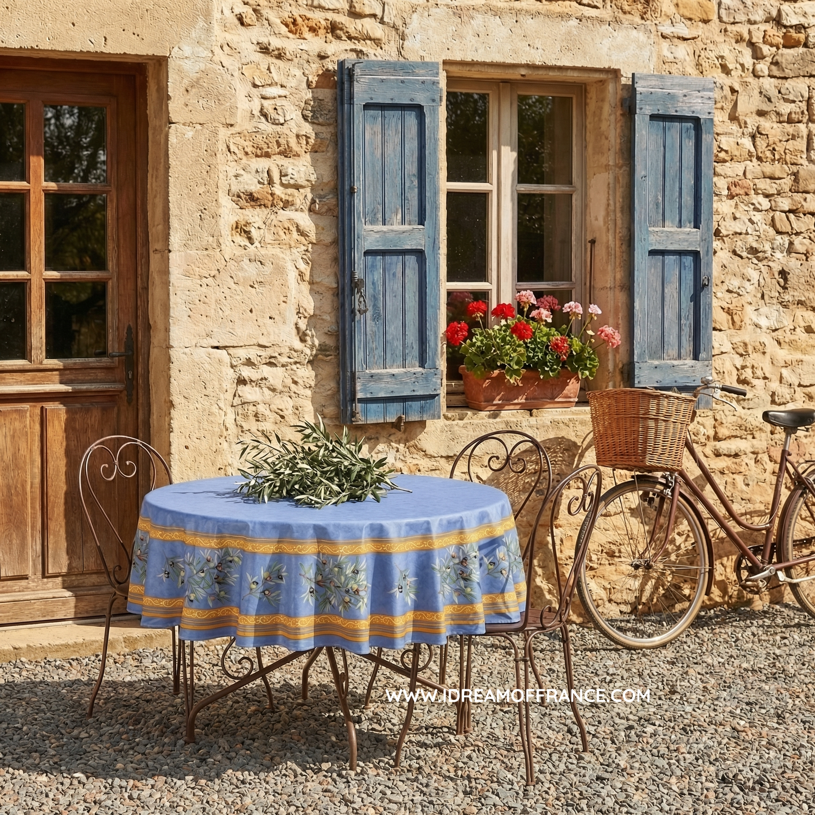 70" Round Clos des Oliviers Blue Round Coated Cotton Tablecloth by Tissus Toselli