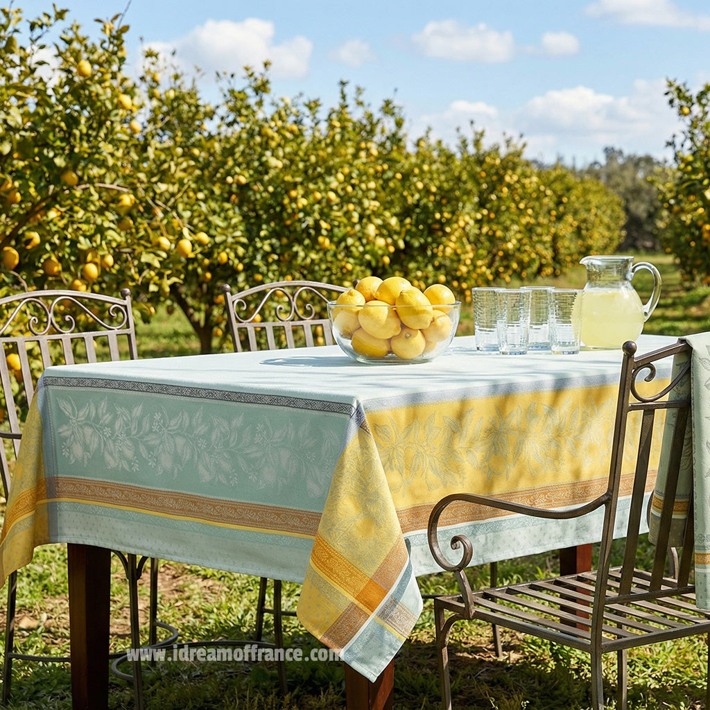 62" Square Cedrat Green & Yellow French Jacquard Tablecloth by Tissus Toselli