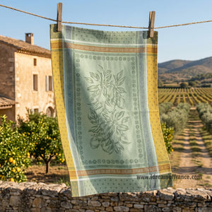 French kitchen towel - Jacquard cotton - Reversible - Cedrat green & yellow | Tissus Toselli - Lifestyle