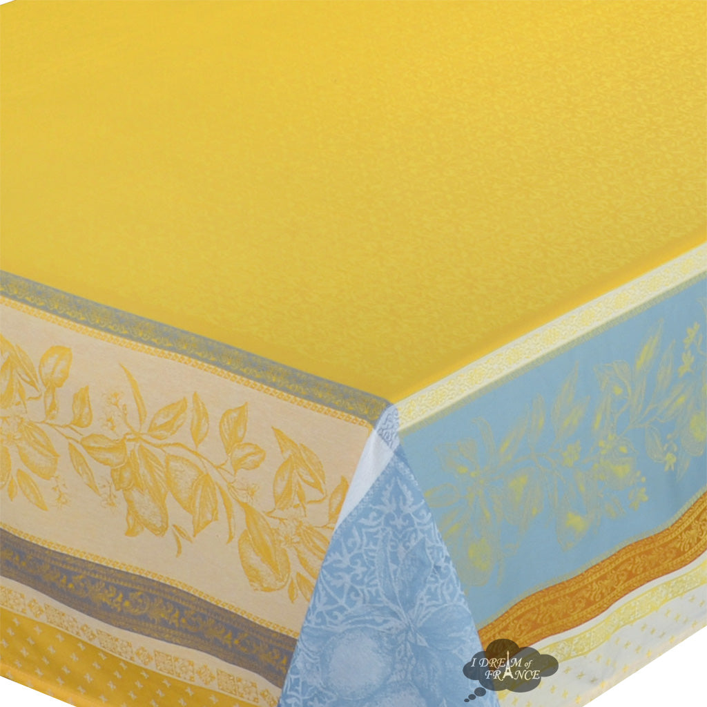 62x98" Rectangular Cedrat Yellow & Blue French Cotton Jacquard Tablecloth by Tissus Toselli