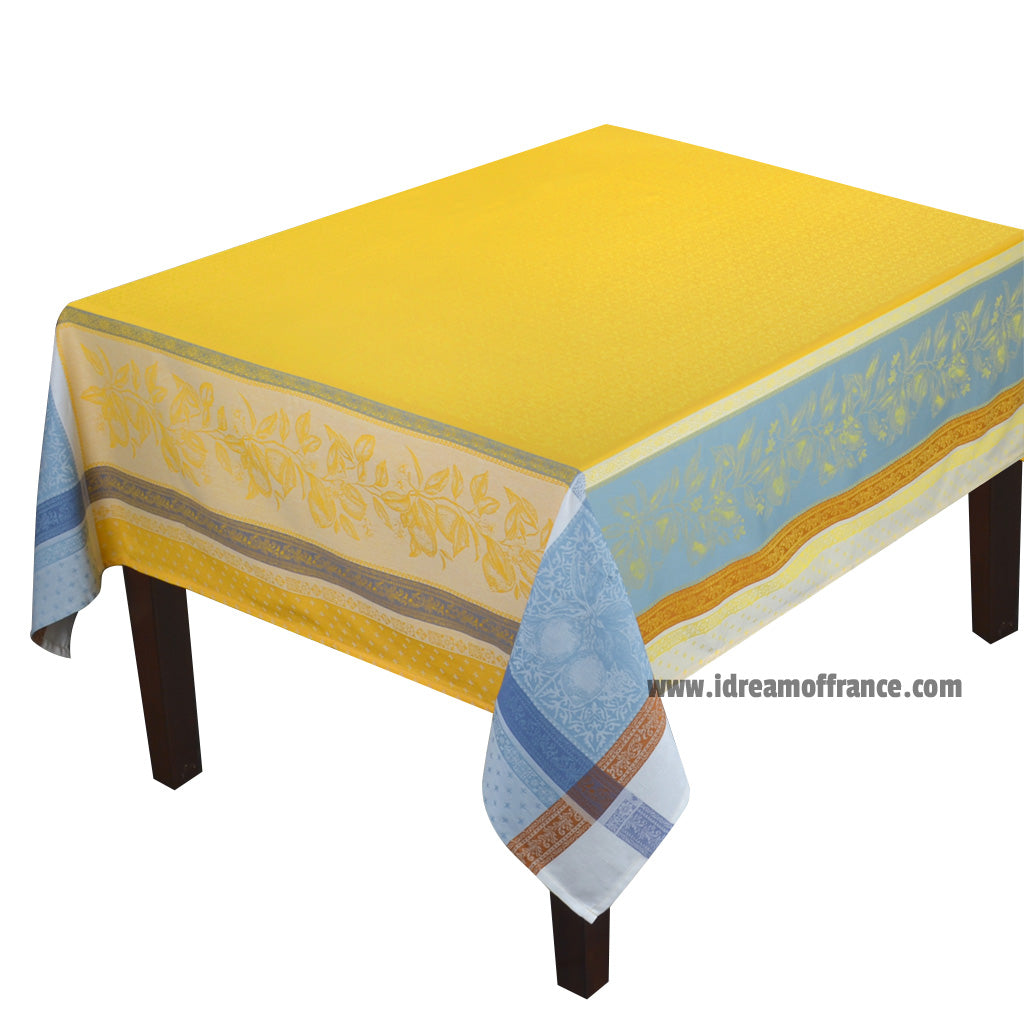 French Jacquard tablecloth - Cotton - Stain resistant - 62" square - Cedrat yellow & blue  | Tissus Toselli