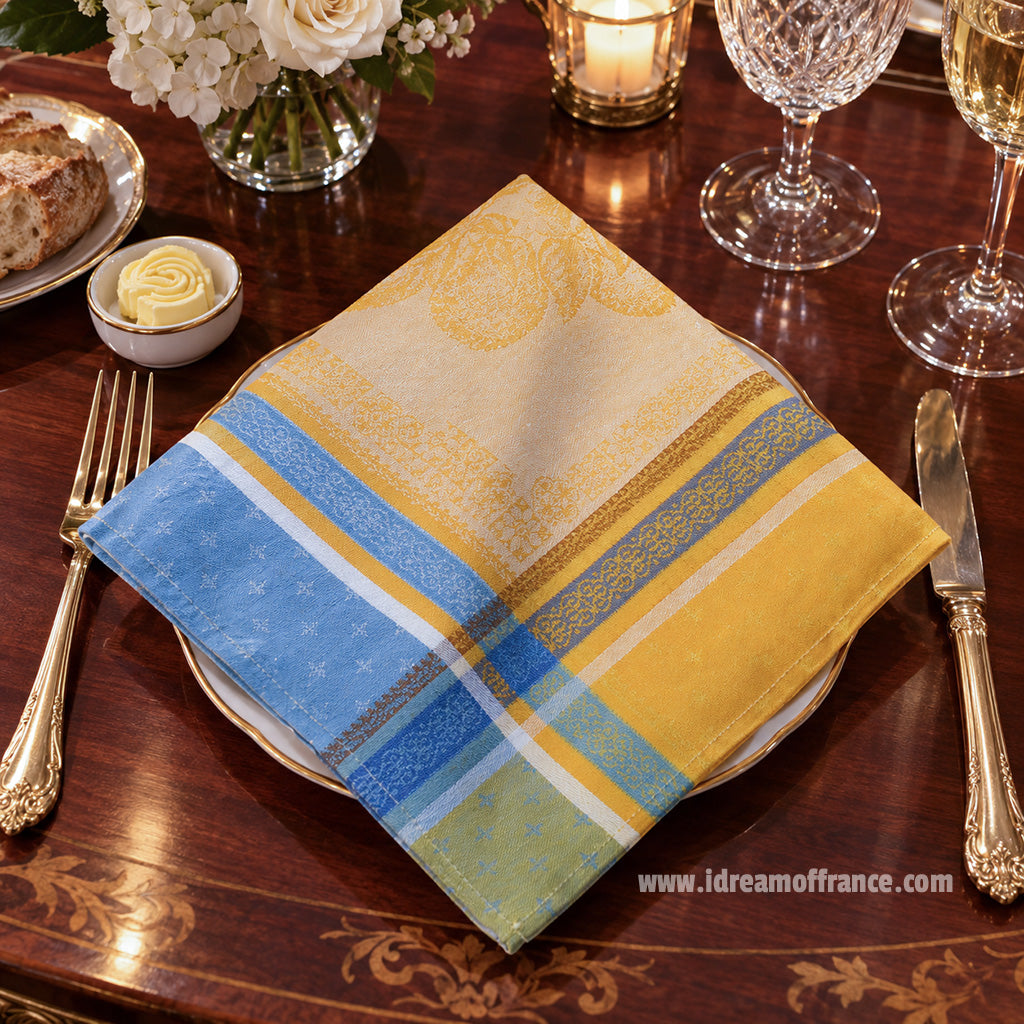 Cedrat Yellow & Blue French Cotton Jacquard Napkin by Tissus Toselli