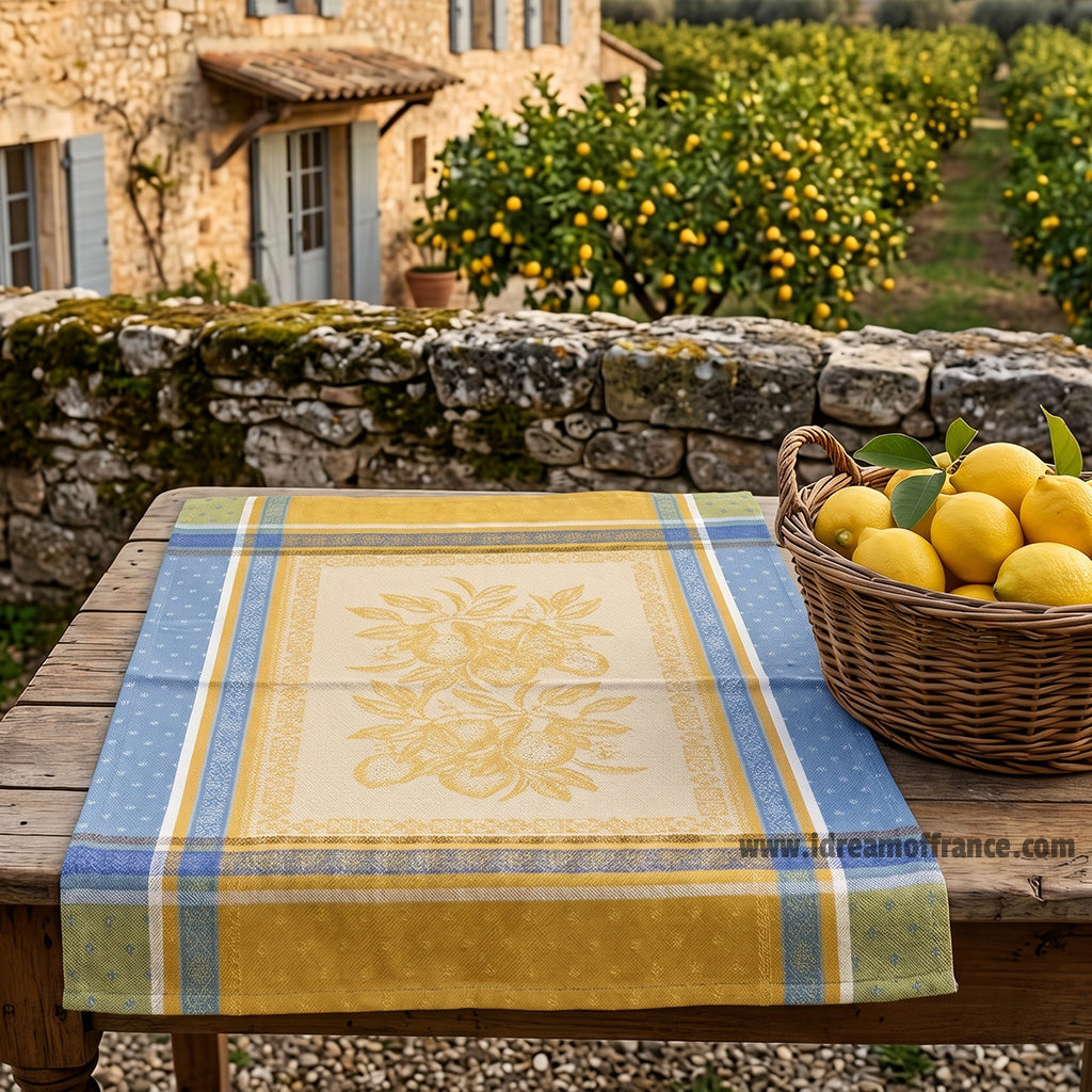 Cedrat Yellow & Blue French Cotton Jacquard Dish Towel by Tissus Toselli