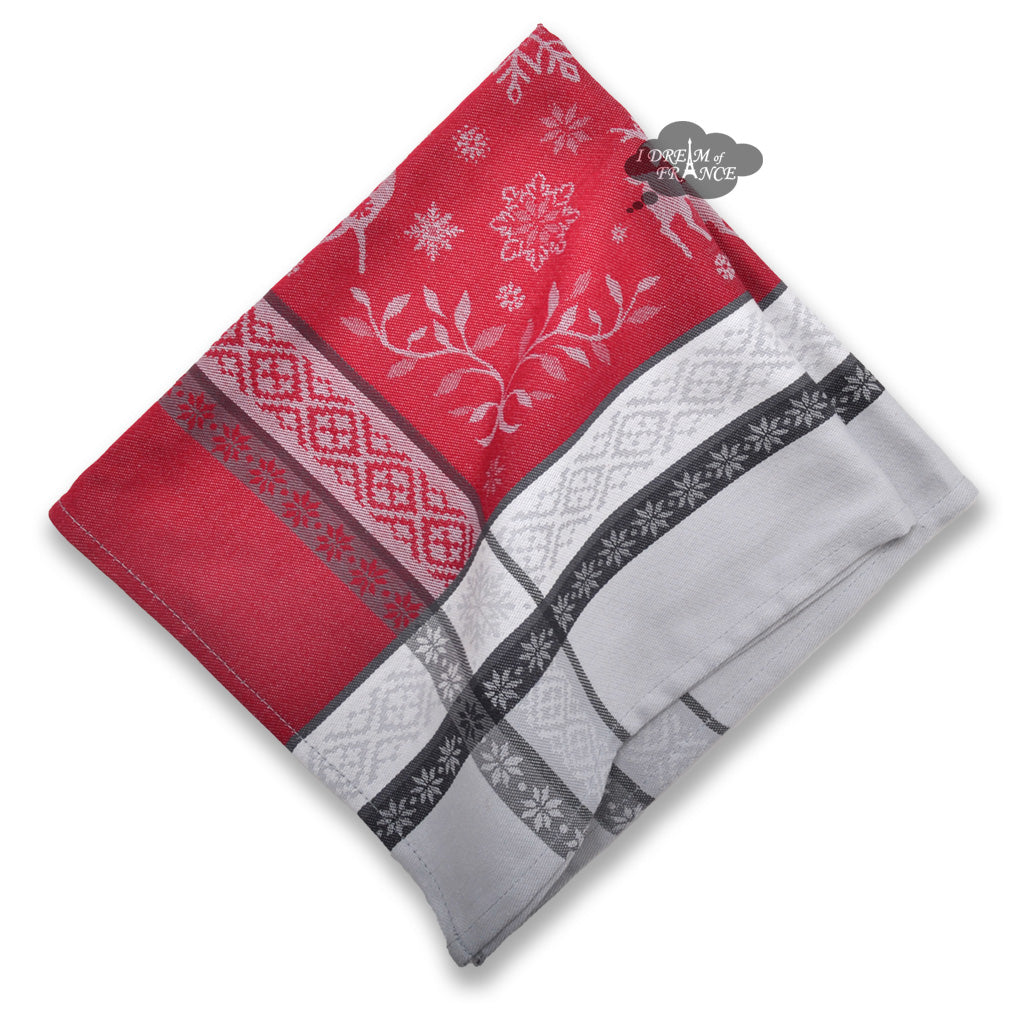 Christmas Spirit Red & Gray French Cotton Jacquard Napkin by Tissus Toselli