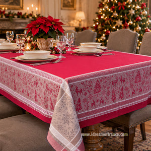 French Jacquard tablecloth - Cotton - Stain resistant - Rectangular - Christmas Spirit red | Tissus Toselli