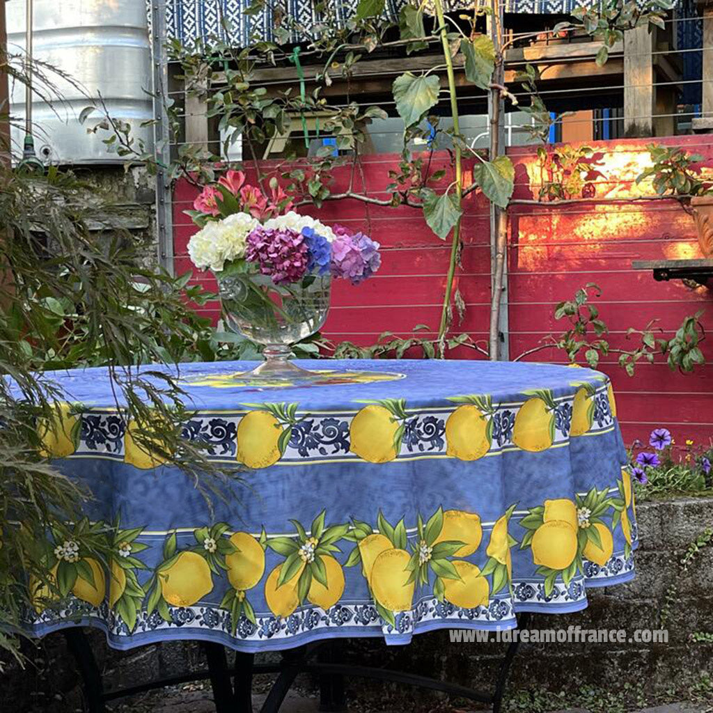 Citrus Blue French Provencal Polyester Tablecloth - 70" Round