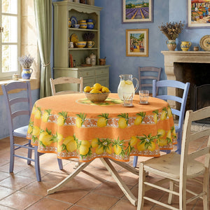 Citrus Orange French Provencal Polyester Tablecloth - 70" Round - Lifestyle Image