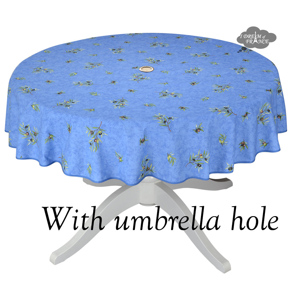 58" Round Clos des Oliviers Blue All-Over Acrylic-Coated Tablecloth with Umbrella Hole