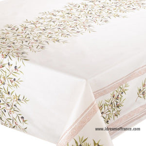 French Provencal tablecloth - Acrylic coated cotton, Spill-proof - Rectangular - Clos des Oliviers cream | Label France - Close-up 