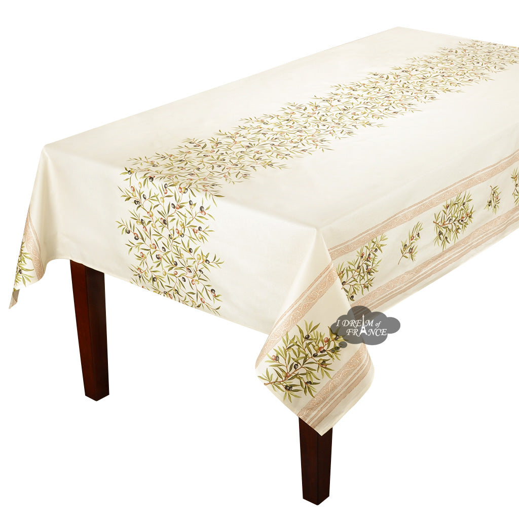 60x138" Rect Clos des Oliviers Cream Double Border Acrylic-Coated Cotton Tablecloth by l'Ensoleillade