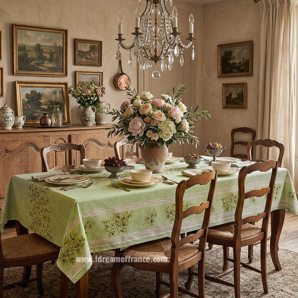 60x96" Rectangular Clos des Oliviers Green Double Border Tablecloth by l'Ensoleillade